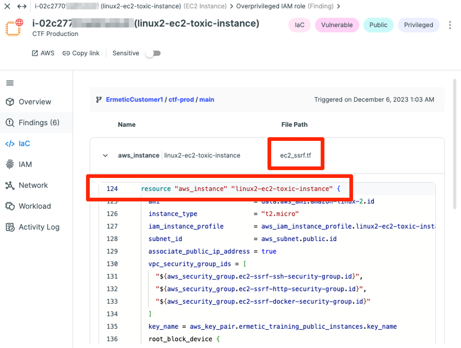 Tenable Cloud Security indicating the file and line of code from which a resource was provisioned